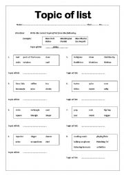 English Worksheet: Topic of list