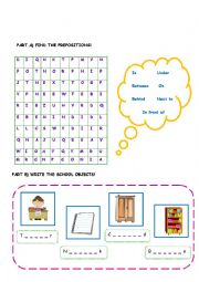 English Worksheet: there is / there are activities with school objects and prepositions of place
