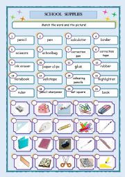 English Worksheet: school supplies matching exercise worksheet 1/3