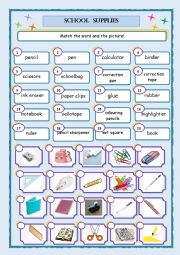 school supplies matching exercise worksheet 1/3