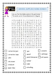 English Worksheet: school supplies word search worksheet 3/3