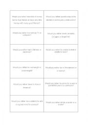 English Worksheet: Would rather speaking card game