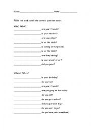 English Worksheet: Question Words