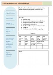 English Worksheet: Making a simple recipe lesson plan