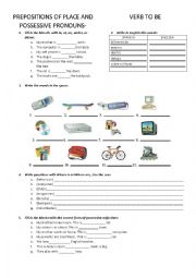 English Worksheet: Prepositions of place, verb to be and possessive pronouns