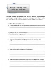 Bridge to Terabithia Eulogy Planning Sheet