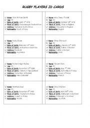 English Worksheet: Rugby players ID cards