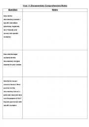 English Worksheet: Documentary Note Taking Worksheet