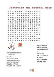 English Worksheet: festivals and special days wordsearch