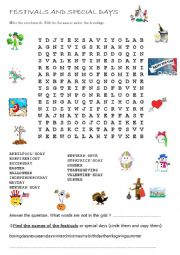 English Worksheet: festivals and special day wordsearch