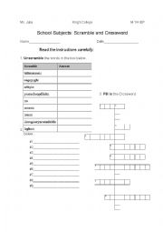 English Worksheet: School Subjects - Filler Activity