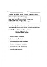 English Worksheet: Common, Proper, Abstract & Concrete Nouns