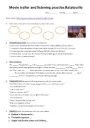 English Worksheet: Listening practice by using a movie trailer: Ratatouille 