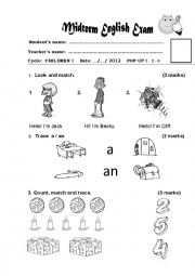 English Worksheet: Chilldren exam, Personal inforamtion, a, an - numbers, this that,etc
