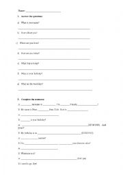 English Worksheet: Test Verb to be and Wh questions