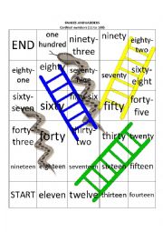English Worksheet: Snakes and ladders (cardinal numbers from 11 to 100)
