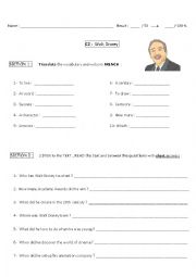 English Worksheet: Walt Disney reading comprehension