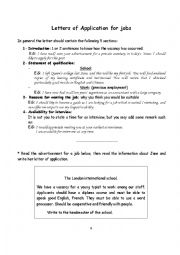 English Worksheet: letter of an application for a job