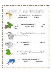 English Worksheet: animal ( has/ doesnt have)