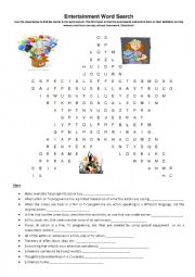 English Worksheet: Entertainment Vocabulary Wordsearch