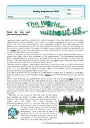 English Worksheet: THE WORLD WITHOUT US  - READING + varied comprehension questions + KEY  