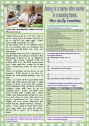 English Worksheet: Jenny is a nurse who works in a nursing home. Reading + varied ex + KEY