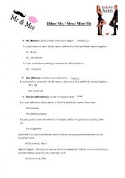 English Worksheet: Mr. Mrs. Miss or Ms ? 