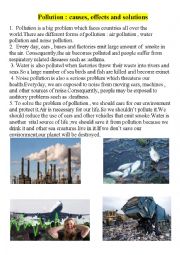 English Worksheet: Pollution:causes ,effects and solutions