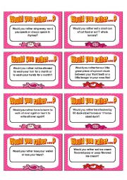 English Worksheet: Would you rather card game - Speaking I