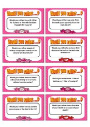 English Worksheet: Would you rather card game - Speaking II