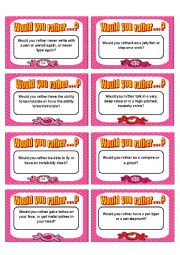 English Worksheet: Would you rather card game - Speaking III