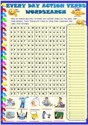 English Worksheet: Ever day action verbs: wordsearch with key
