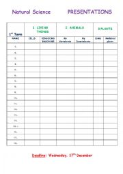 English Worksheet: STUDENTS PROJECT PRESENTATIONS RECORD SHEET