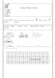 English Worksheet: Transportation (matching / word search)