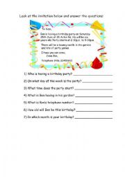 English Worksheet: invitation for a birthday 