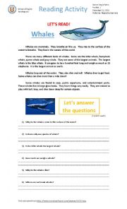 English Worksheet: Whales - reading activity