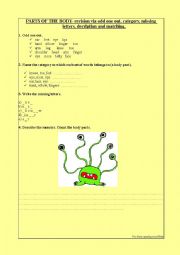English Worksheet: PARTS OF THE BODY- revision via odd one out, category, missing letters, description and matching