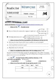 English Worksheet: Mid-term 3 test  //  3rd forms  Sc // Tunisia students