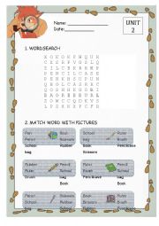 English Worksheet: wordsearch & match word with picture -SCHOOL- fast learners
