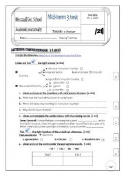 English Worksheet: Mid-term 3 test  / 3rd forms esc edu / Tunisian tests