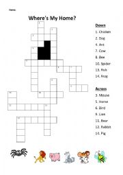 English Worksheet: Animals and their homes crossword puzzle