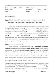 English Worksheet: 9 Test 5 A 2014-2015