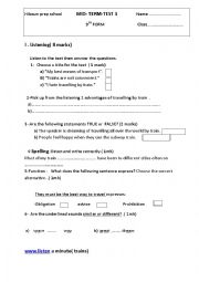 English Worksheet: Mid term 3 9 th grade