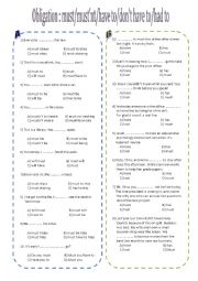 English Worksheet: Obligation : must/mustnt/ have to/dont have to/had to