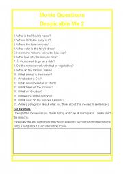 English Worksheet: Despicable Me 2 Movie Questions