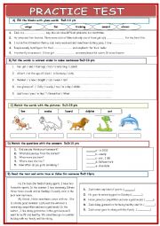 English Worksheet: PRACTICE TEST FOR SEVENTH GRADERS TWO PAGES