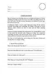 English Worksheet: Reading comprehension. Jurassic Park