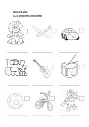 English Worksheet: Write the names of the toys and listen