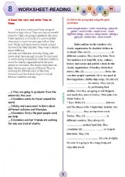 English Worksheet: WORKSHEET FOR READING 8