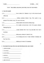 English Worksheet: weather seasons day months test